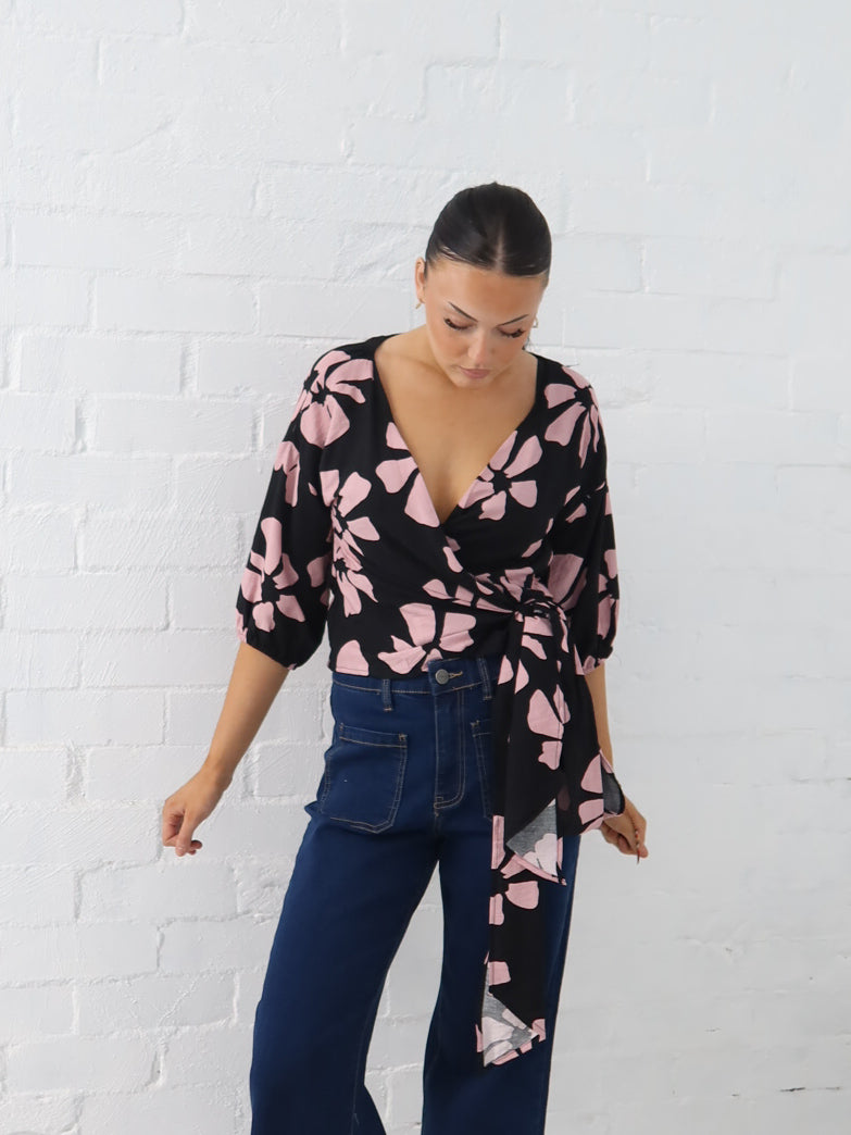 Lucy Wrap Top- Pink/Black