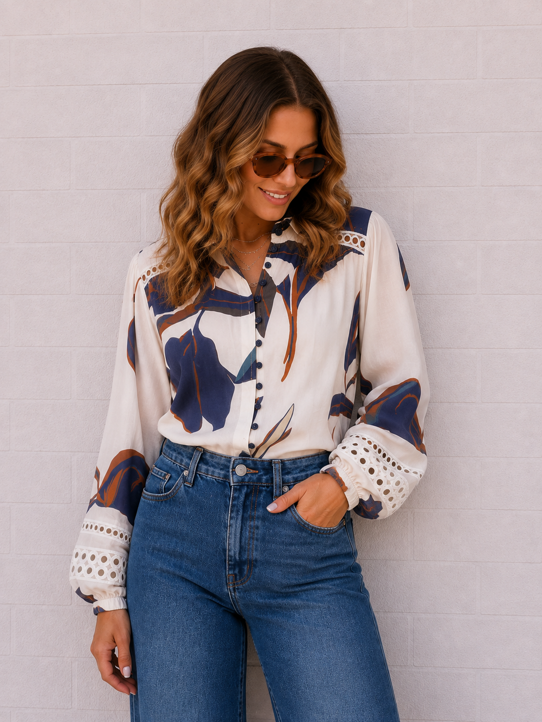 Bloom Shirt- Blue/Tan/White