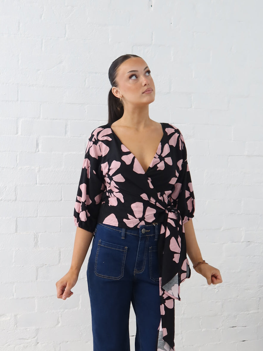Lucy Wrap Top- Pink/Black