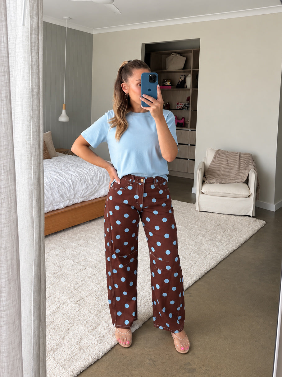 Polka Dot Barrel Jeans- Chocolate/Blue