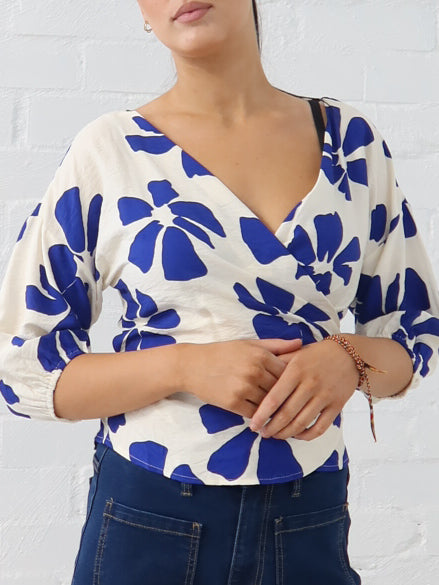 Lucy Wrap Top- Blue/Vanilla