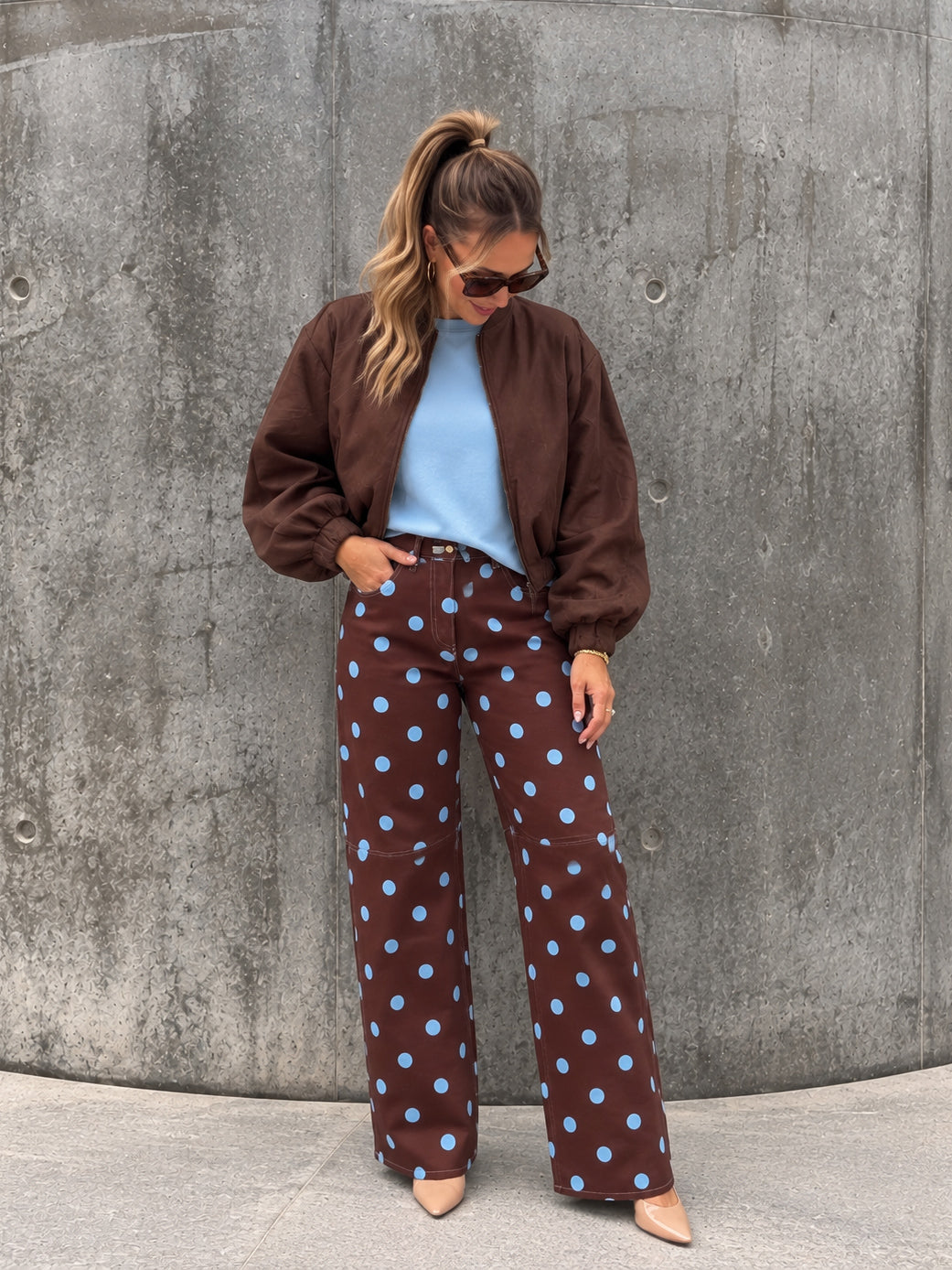Polka Dot Barrel Jeans- Chocolate/Blue