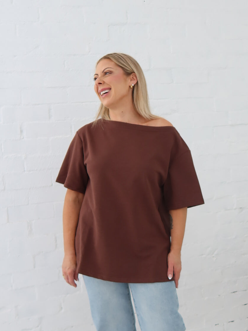 Myra Off Shoulder Tee- Chocolate