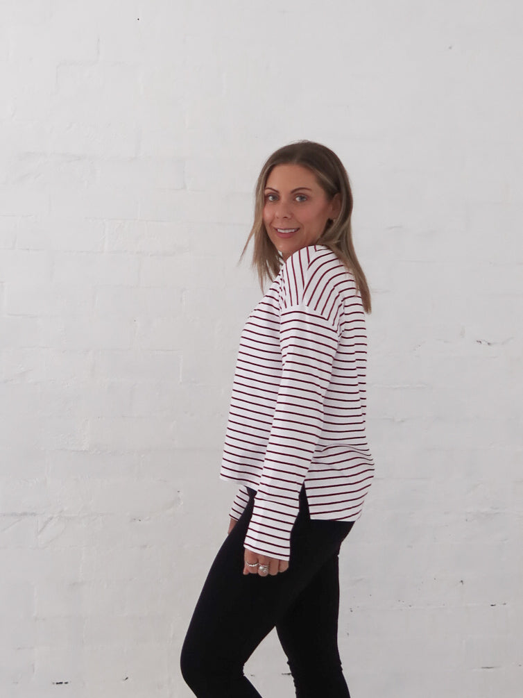 Taylah Long Sleeve Tee- Burgundy and White