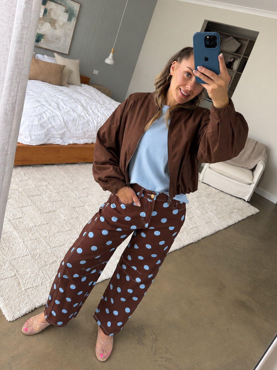 Polka Dot Barrel Jeans- Chocolate/Blue