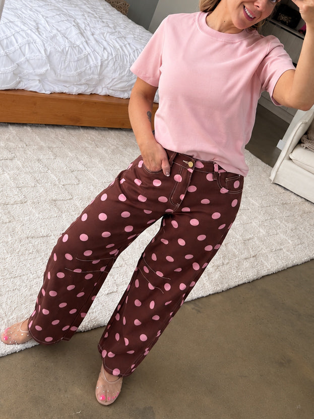 Polka Dot Barrel Jeans- Chocolate/Pink