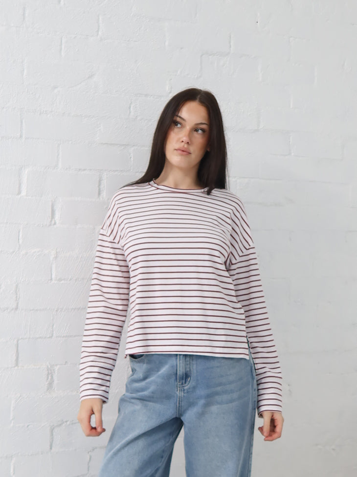 Taylah Long Sleeve Tee- Burgundy and White