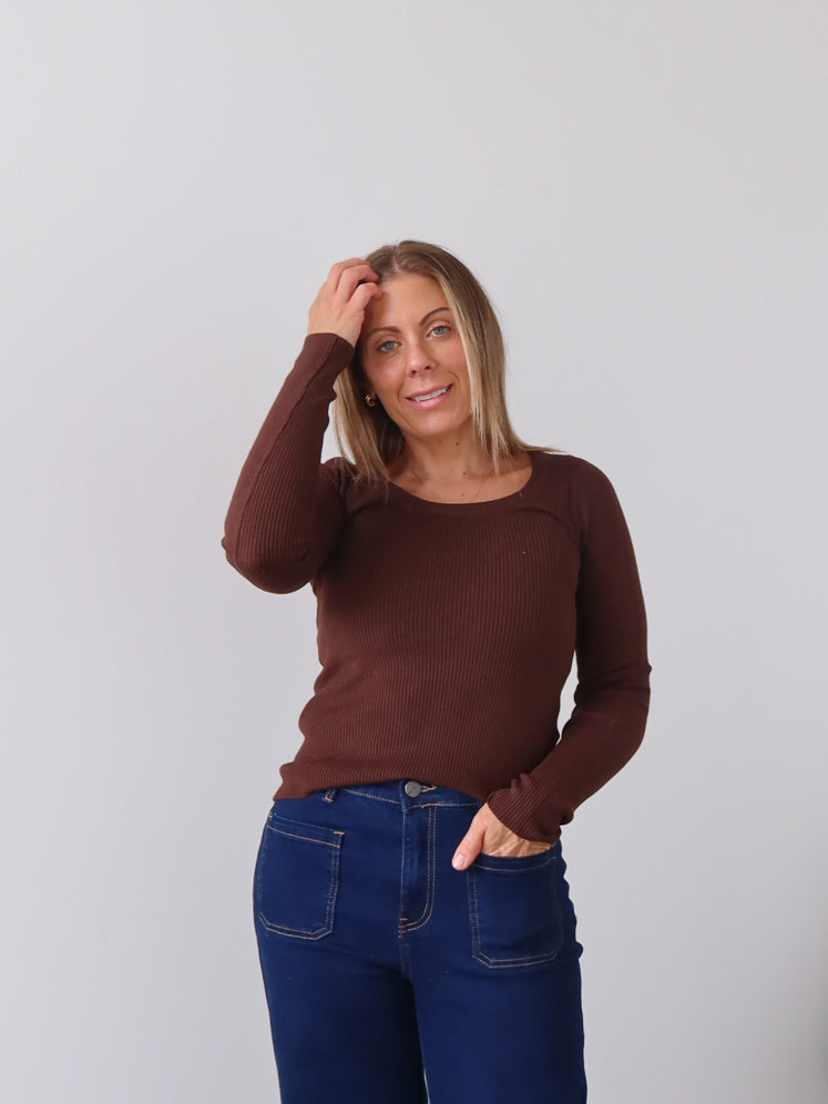 Selma Long Sleeve Knit Top - Chocolate