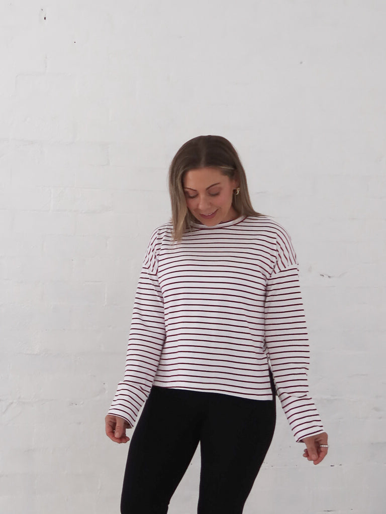 Taylah Long Sleeve Tee- Burgundy and White