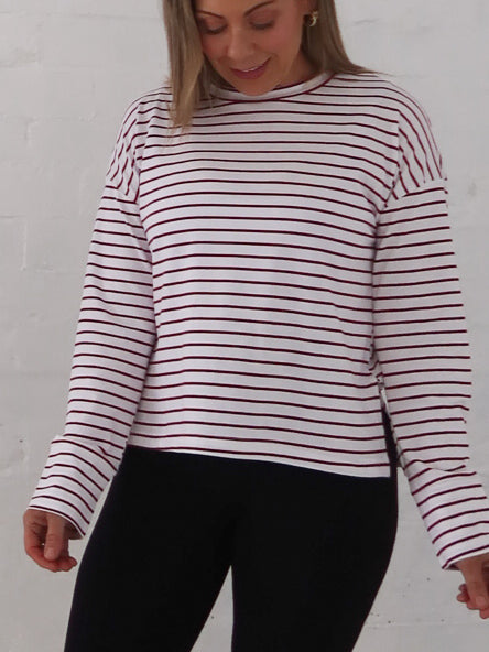 Taylah Long Sleeve Tee- Burgundy and White