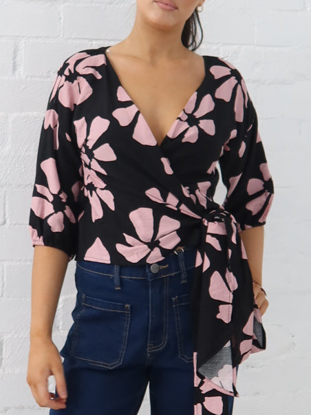 Lucy Wrap Top- Pink/Black