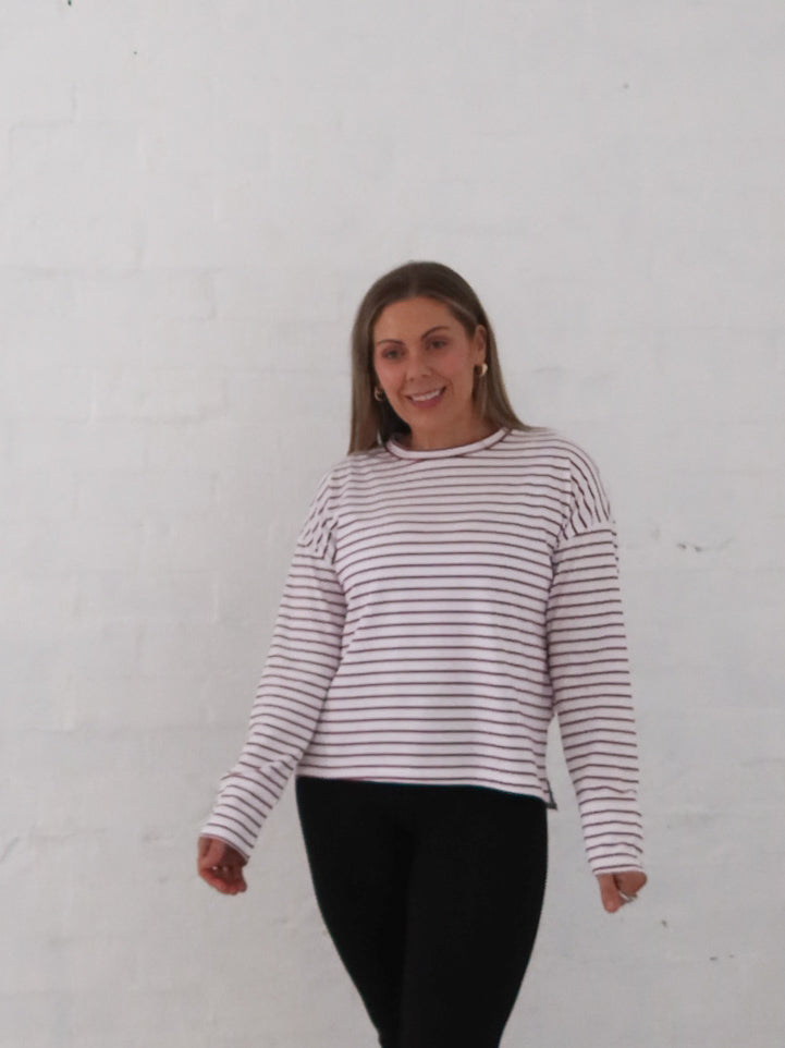 Taylah Long Sleeve Tee- Burgundy and White