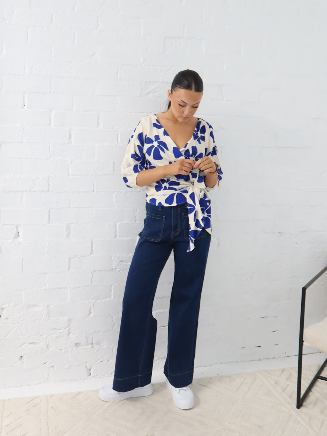 Lucy Wrap Top- Blue/Vanilla