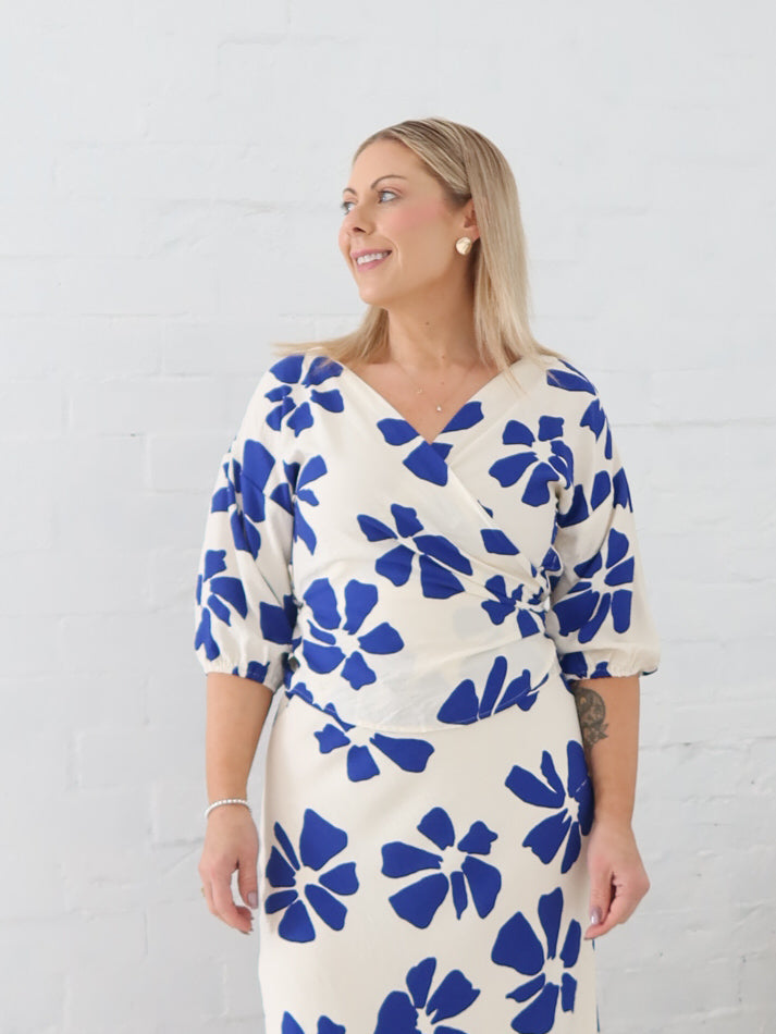 Lucy Wrap Top- Blue/Vanilla