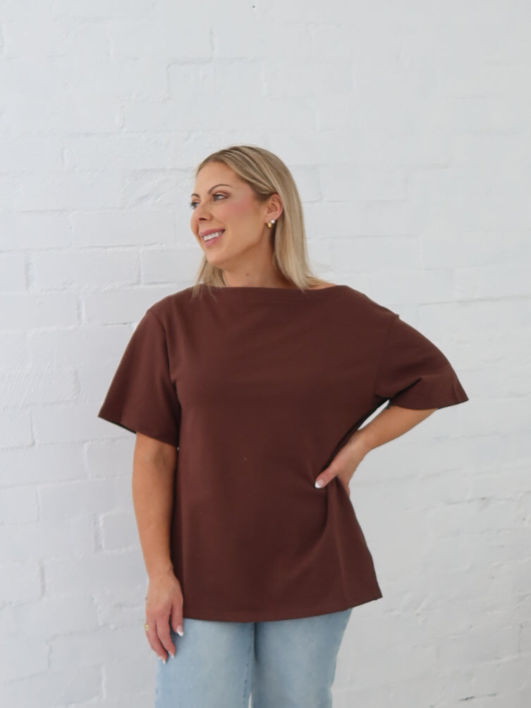 Myra Off Shoulder Tee- Chocolate
