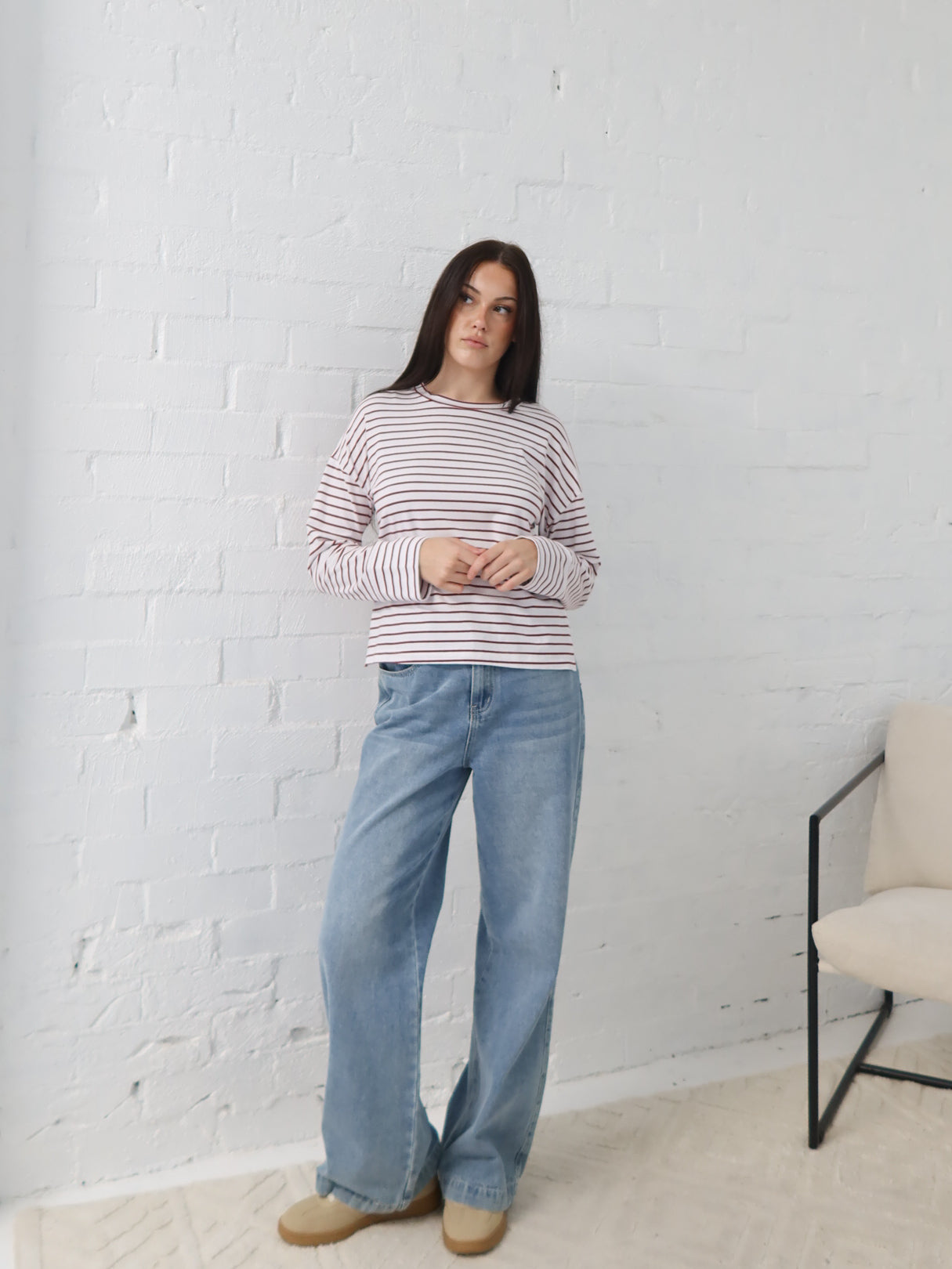 Taylah Long Sleeve Tee- Burgundy and White
