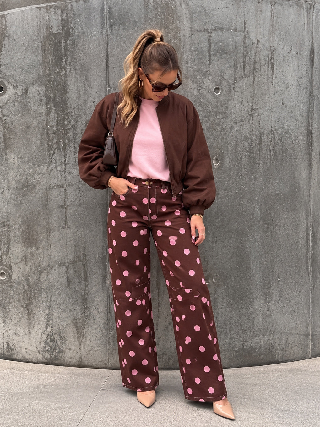 Polka Dot Barrel Jeans- Chocolate/Pink
