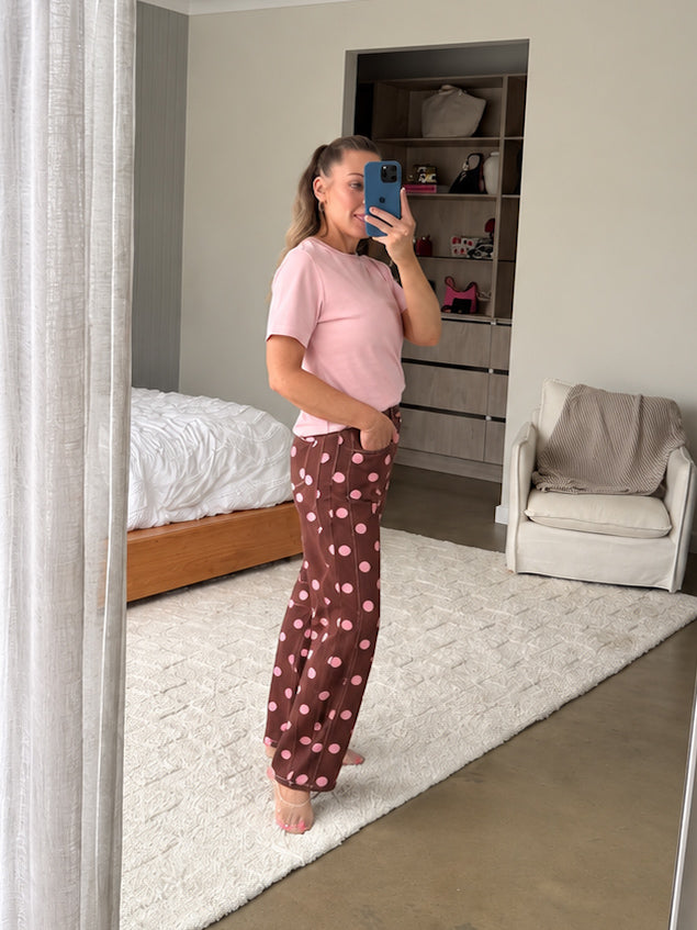 Polka Dot Barrel Jeans- Chocolate/Pink