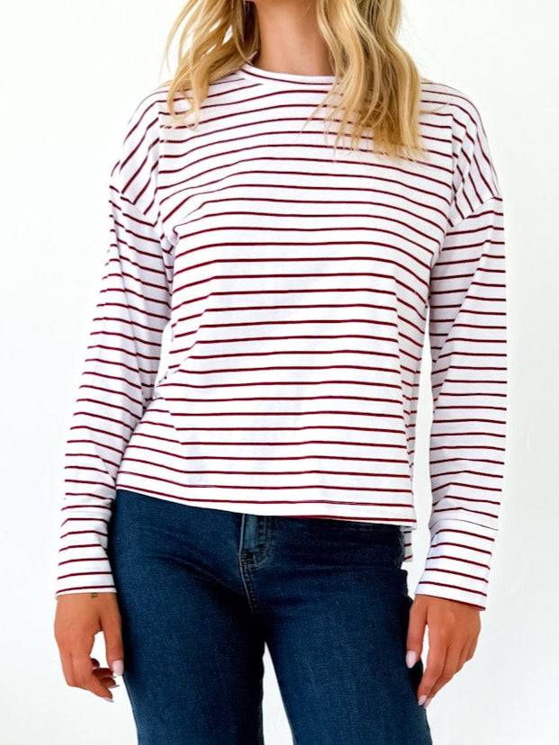 Taylah Long Sleeve Tee- Burgundy and White