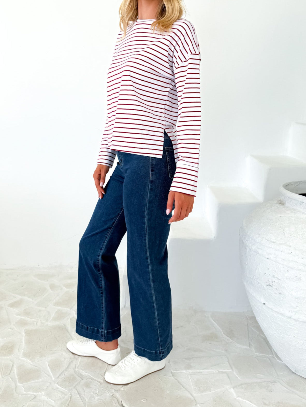 Taylah Long Sleeve Tee- Burgundy and White