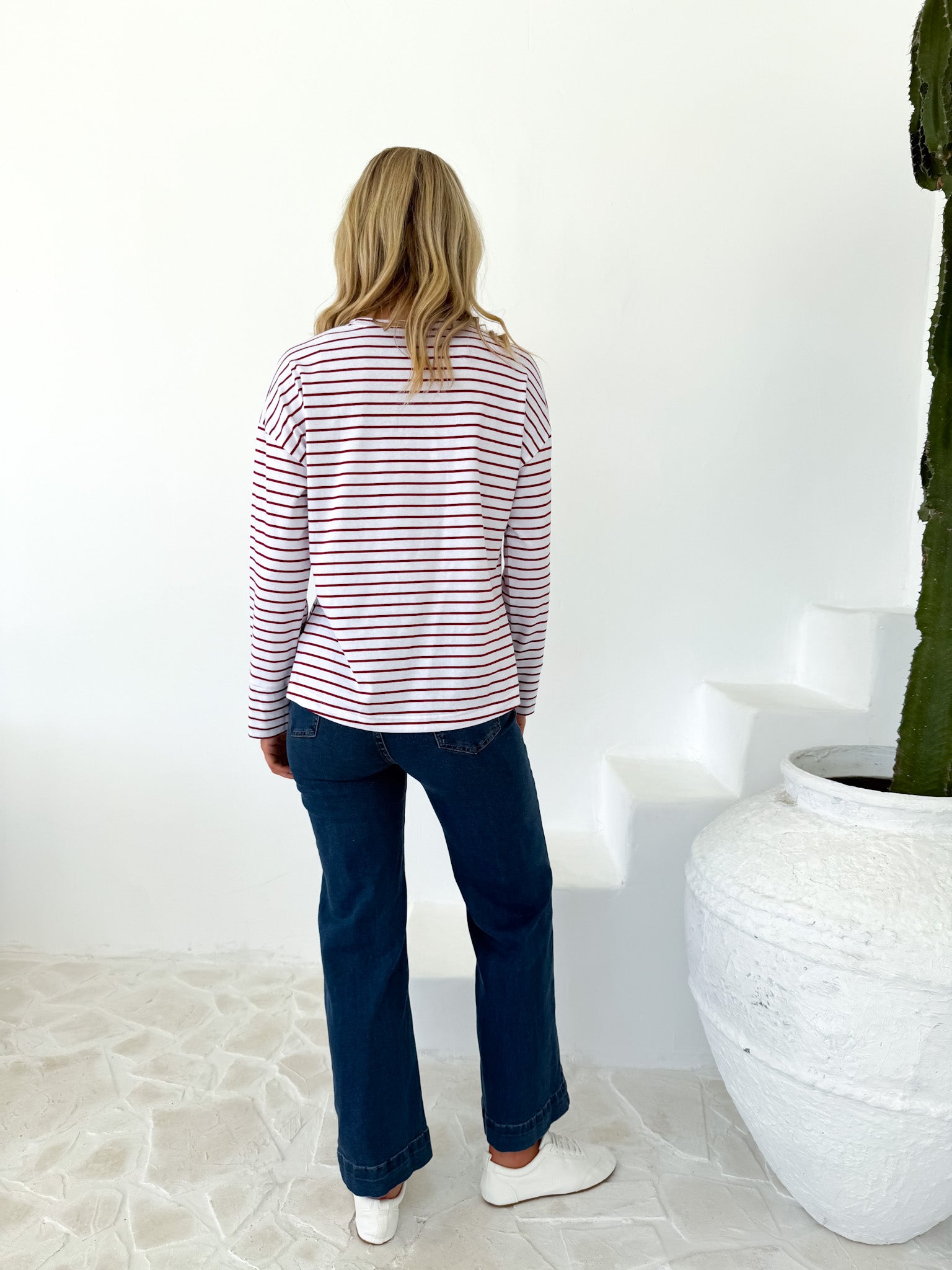 Taylah Long Sleeve Tee- Burgundy and White