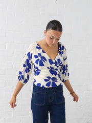 Lucy Wrap Top- Blue/Vanilla