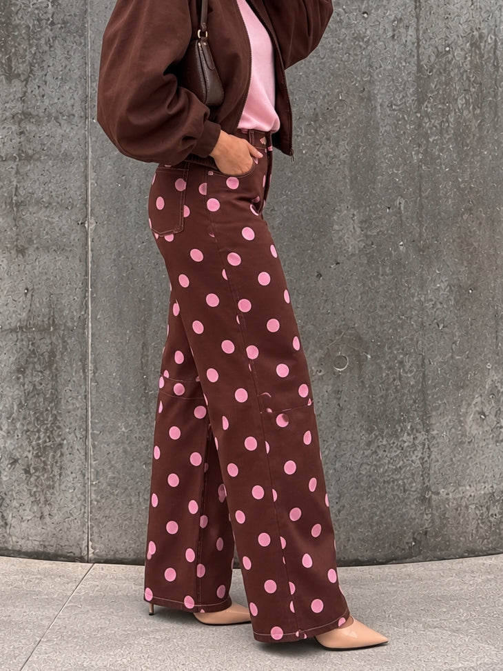 Polka Dot Barrel Jeans- Chocolate/Pink