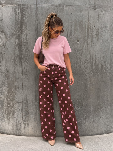 Polka Dot Barrel Jeans- Chocolate/Pink