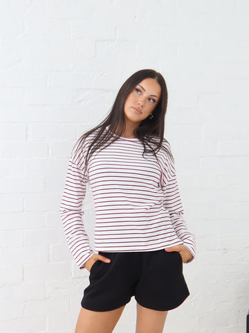 Taylah Long Sleeve Tee- Burgundy and White
