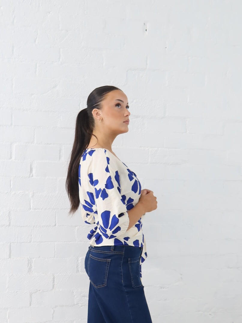 Lucy Wrap Top- Blue/Vanilla