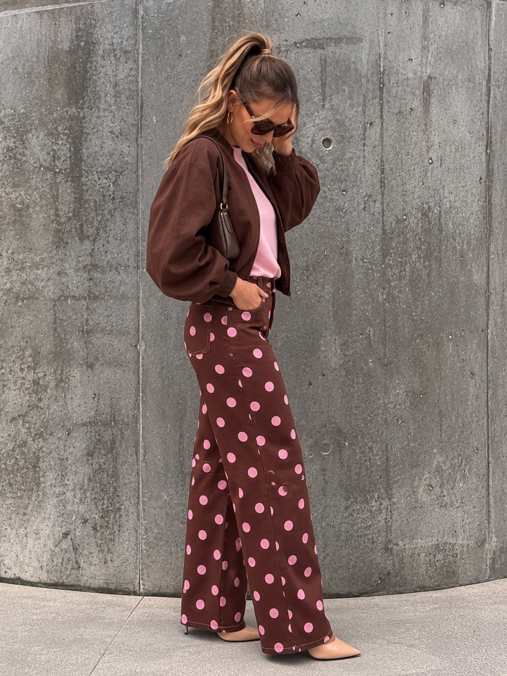 Polka Dot Barrel Jeans- Chocolate/Pink