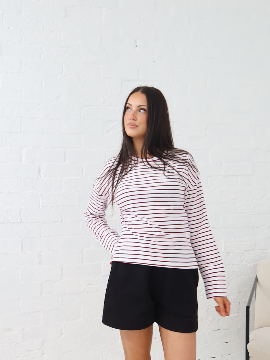 Taylah Long Sleeve Tee- Burgundy and White