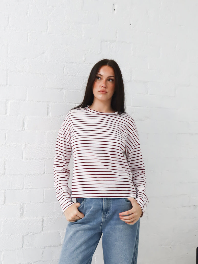 Taylah Long Sleeve Tee- Burgundy and White