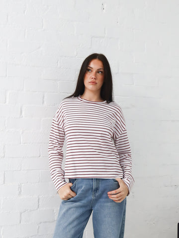 Taylah Long Sleeve Tee- Burgundy and White