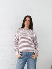 Taylah Long Sleeve Tee- Burgundy and White