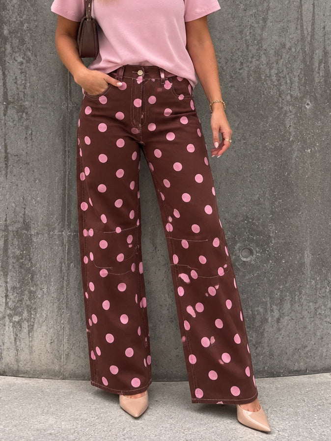 Polka Dot Barrel Jeans- Chocolate/Pink