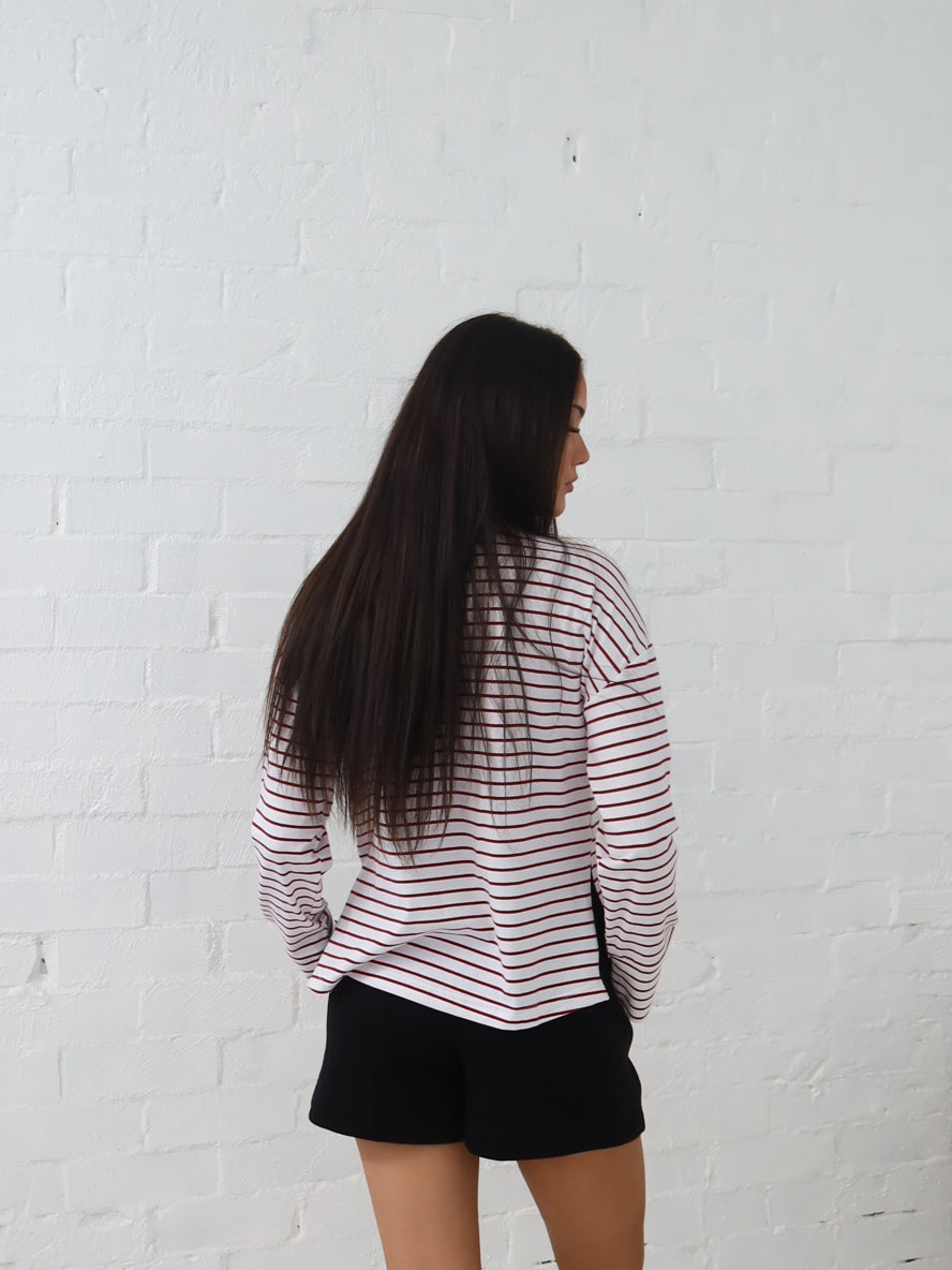 Taylah Long Sleeve Tee- Burgundy and White