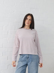 Taylah Long Sleeve Tee- Burgundy and White