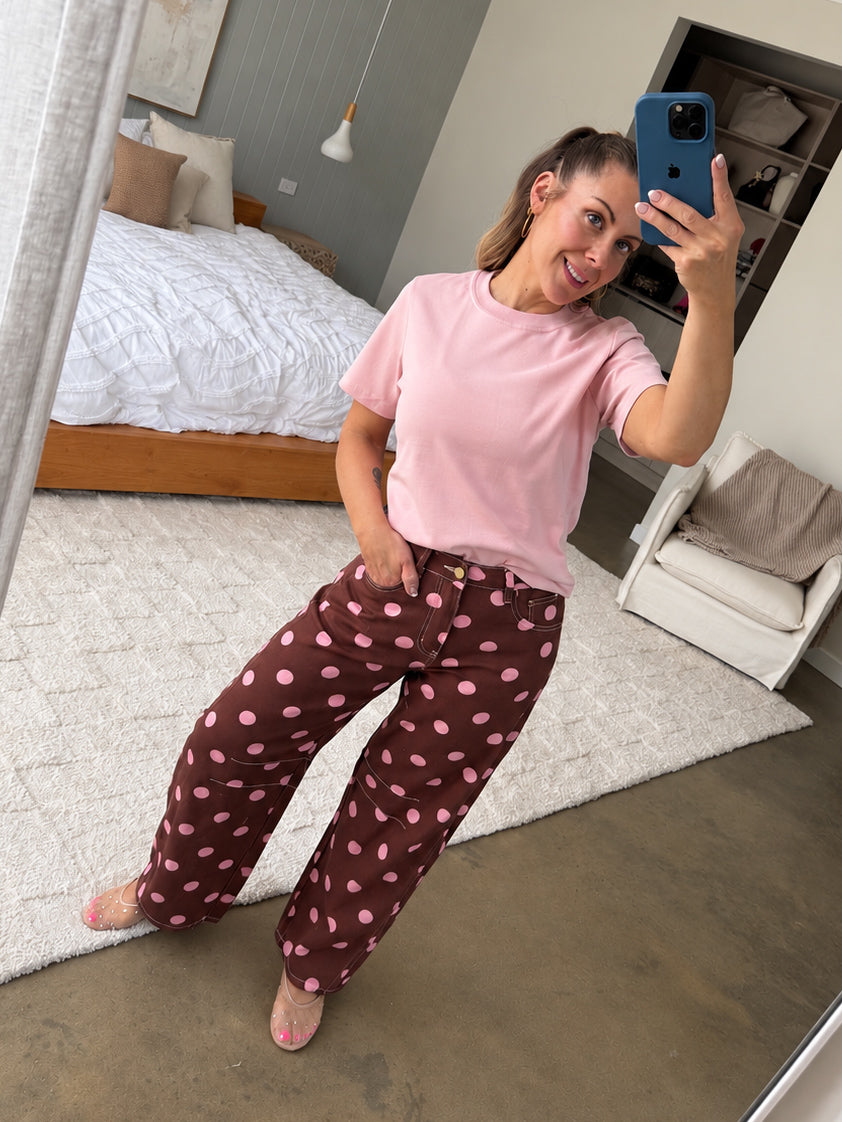 Polka Dot Barrel Jeans- Chocolate/Pink