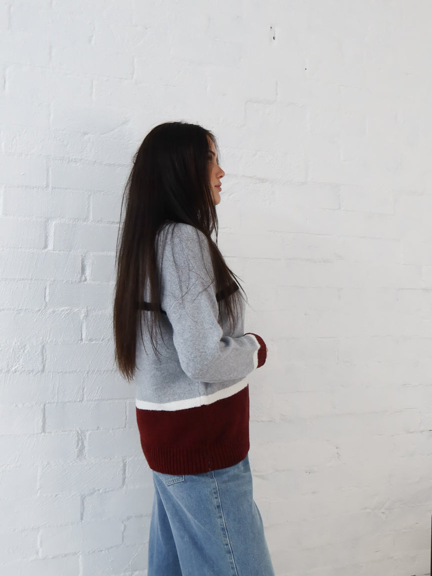 Sally Knit- Grey/Burgundy