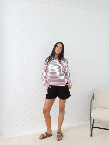 Taylah Long Sleeve Tee- Burgundy and White