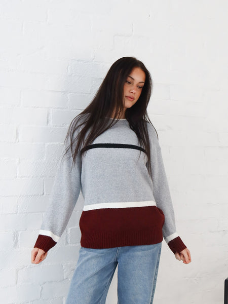 Sally Knit- Grey/Burgundy