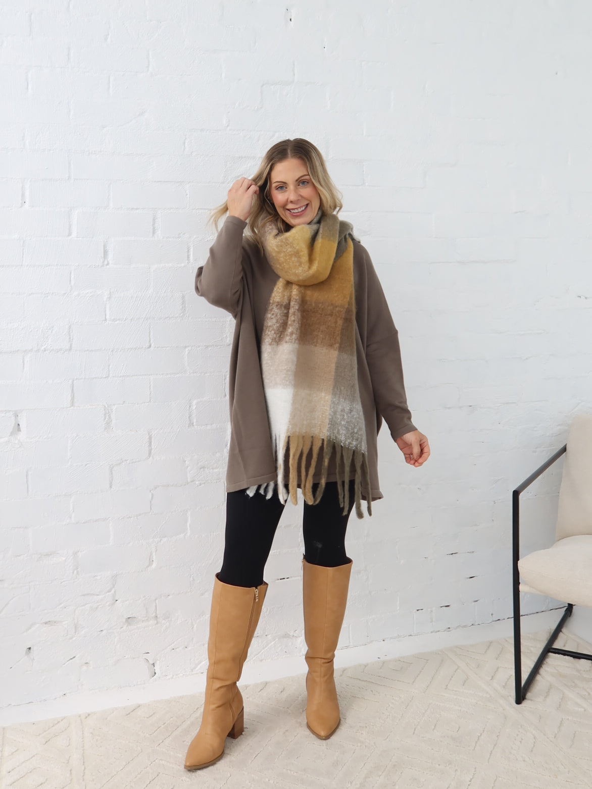 Neve Scarf - Tan/Mustard Check