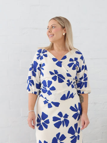 Lucy Wrap Top- Blue/Vanilla