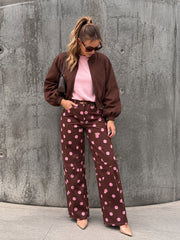 Polka Dot Barrel Jeans- Chocolate/Pink