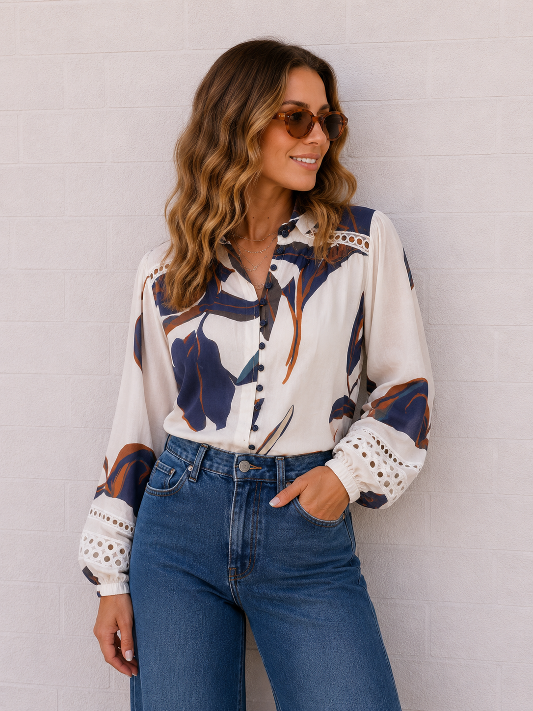 Bloom Shirt- Blue/Tan/White