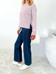 Taylah Long Sleeve Tee- Burgundy and White