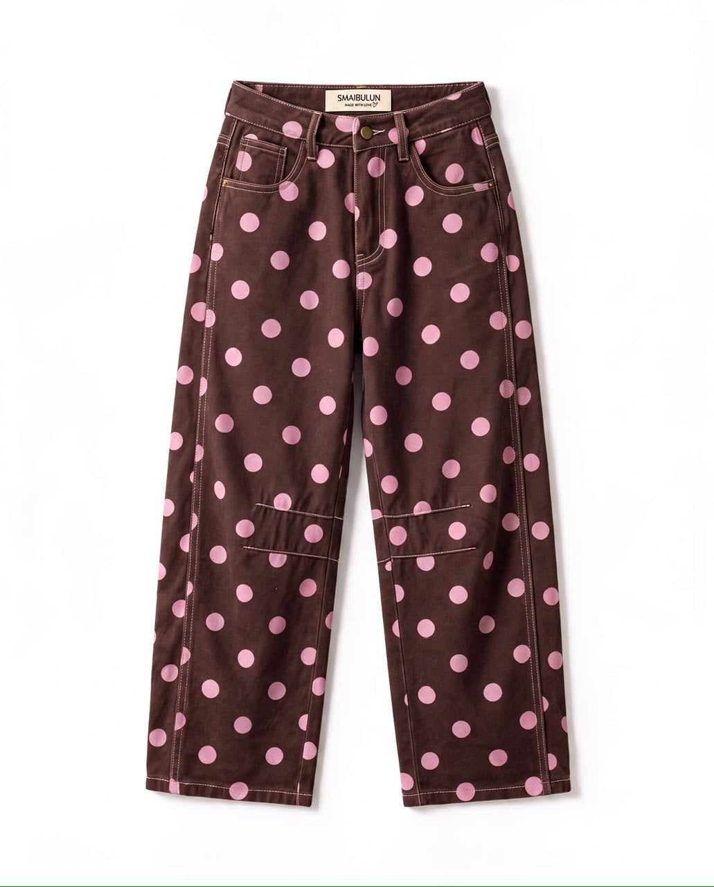 Polka Dot Barrel Jeans- Chocolate/Pink