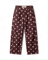 Polka Dot Barrel Jeans- Chocolate/Pink